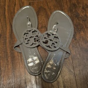 Tory Burch Gray Miller Logo Patent Thong Sandals